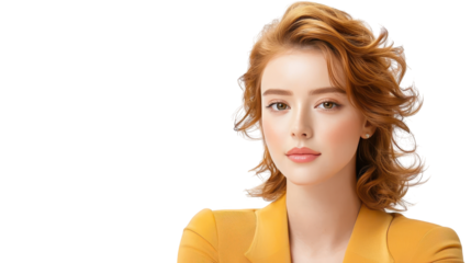 Stylish blonde woman in a vibrant yellow jacket, fashionable portrait