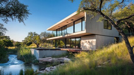 Fototapeta premium Modern house by river, Texas landscape