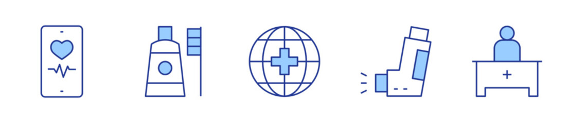 blood donation, inhaler, phone, reception, toothbrush. Healthcare Icon vector illustration. Line Duotone style. Editable stroke