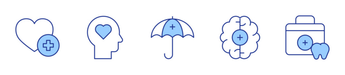 brain, dentist, heart, physical wellbeing, umbrella. Healthcare Icon vector illustration. Line Duotone style. Editable stroke