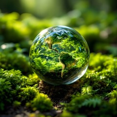 Crystal globe, Earth, lush green moss, ferns, forest floor, dappled sunlight, environmental conservation