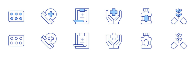 Healthcare icon set in two styles, Duotone and Thin Line style. Editable stroke. benefits, contraceptive pills, emergency, medical history, mouthwash, pill