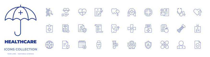 Healthcare icons collection. Thin Line icons, editable stroke. check up, dna, doctor, health, health insurance, healthcare, heart, news, registration form