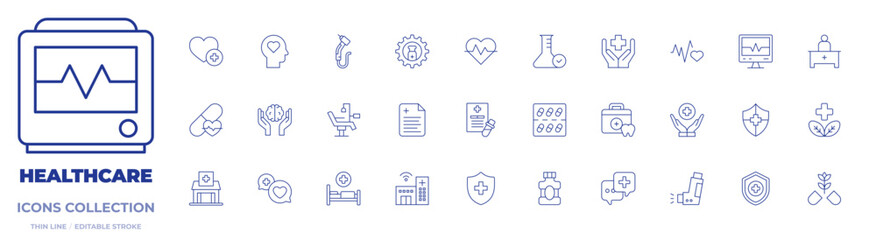 Healthcare icons collection. Thin Line icons, editable stroke. chair, dental drill, gear, health report, heart, heart beat, magnesium, mental health, physical wellbeing, result