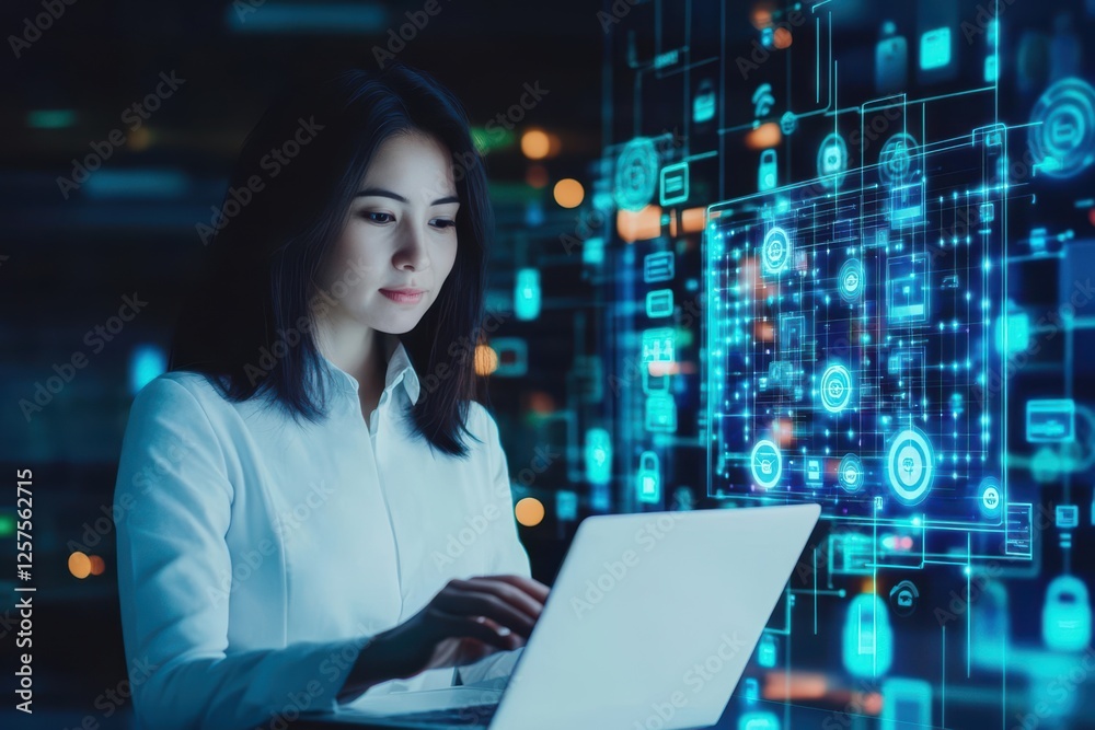 Poster Woman using laptop with digital interface displaying various technology features and applications