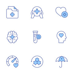 Healthcare icons set. Line Duotone style, editable stroke. blood tube, healthcare, heart, medical records, mental health, physical wellbeing, skin regeneration, umbrella