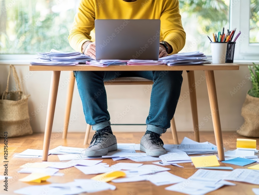 Poster Man sitting at a desk working on a laptop with a focused expression and organized workspace