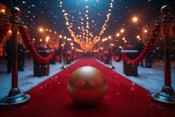 A red carpet paved with ropes and golden barriers greets attendees at a high-end party for the cinema premiere, film festival event, or gala ceremony, with well-to-do guests arriving and surrounded