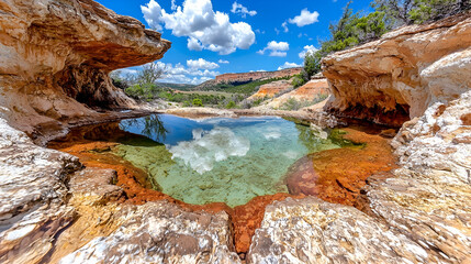 Clear pool in sandstone canyon, sunny day, nature background, travel