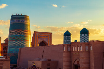 Kalta Minor minaret at sunset. UNESCO cultural heritage site.
