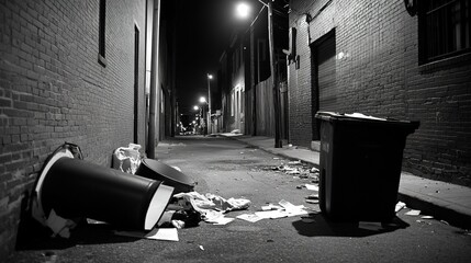 Dark urban alley with broken streetlamp, overturned trash can, and scattered papers, creating a tense and chaotic atmosphere. Urban decay and mysterious night scene concept.