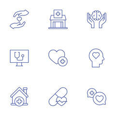 Healthcare icons set. Thin Line style, editable stroke. care, computer, health clinic, heart, home, magnesium, mental health, physical wellbeing, talk