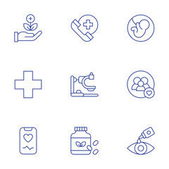Healthcare icons set. Thin Line style, editable stroke. emergency, eye drops, family, fetus, medicine, pharmacy, smartphone, vitamins, x rays