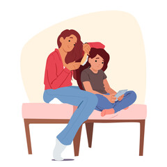 Young mother combing hair of her preteen daughter while girl watching mobile tablet cartoon scene