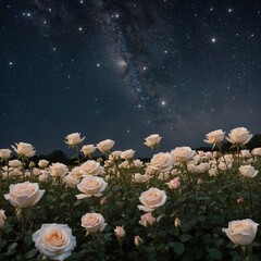 A meadow filled with delicate roses under a vast starry sky, each bloom glowing softly against a pure white background.