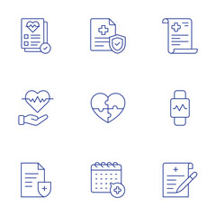 Healthcare icons set. Thin Line style, editable stroke. health, health insurance, healthcare, heart, insurance, news, pulse, registration form, schedule