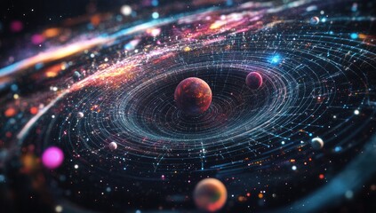 Abstract digital planets swirling in space