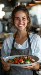 Nice smiling waitress in apron distributing food .AI generative.
