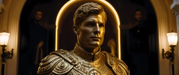 A guardsman statue fashioned from gold standing sentinel before an opulent entrance adding a regal touch to a luxurious estate scene