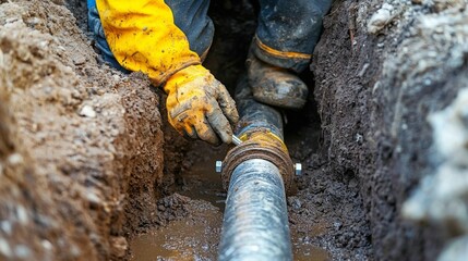 Worker repairing underground pipe