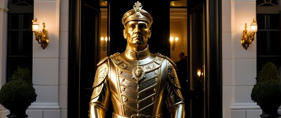 A guardsman statue fashioned from gold standing sentinel before an opulent entrance adding a regal touch to a luxurious estate scene