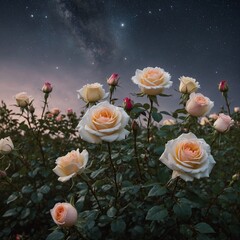  romantic scene of roses gently blooming in a starry meadow, with a soft white background highlighting their beauty.