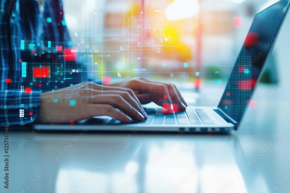 Poster Person typing on a laptop with a vibrant and colorful background in a modern workspace setting