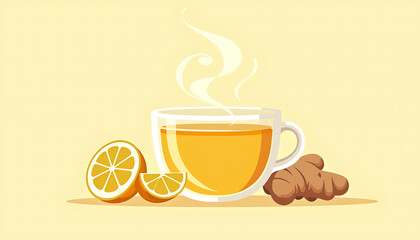 Cup of hot ginger tea with lemon slices on yellow background