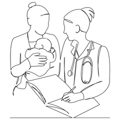One continuous single drawing line art flat doodle mother, child, doctor, talking, female, woman, patient, medical. Isolated image hand draw contour on a white background
