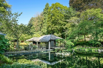 Teehaus am Teich, Japanischer Garten, Am Abendsberg, Kaiserslautern, Rheinland-Pfalz, Deutschland