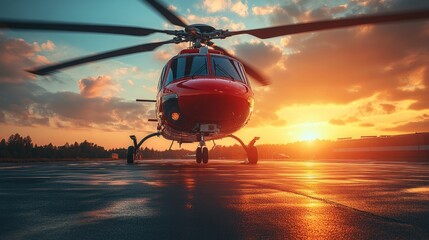 Red helicopter sunset takeoff airport tarmac