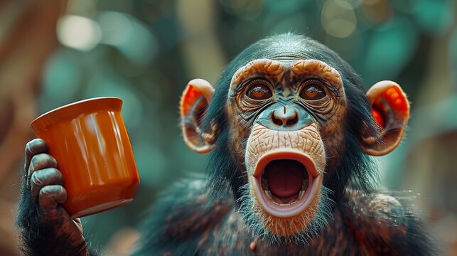 un chimpanz&Atilde;&copy; se moque de quelque chose en rigolant et qui met une main devant sa bouche - illustration sur fond bleu uni  HD 8K wallpaper Photographic Image