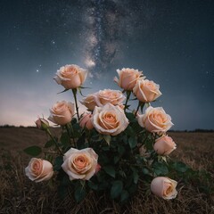 A soft and romantic rose bouquet in the center of a field under a starry sky, with a blank white background.