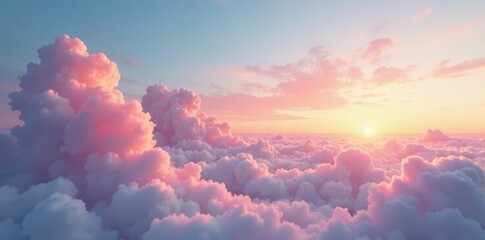 Pastel cloudscape, sunrise hues, soft textures, panorama, pink