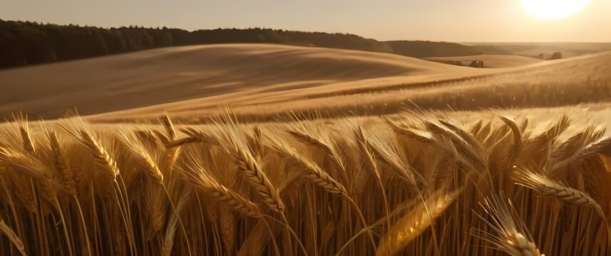 A serene autumn landscape featuring golden fields of wheat swaying gently in the breeze evoking feelings of tranquility and harvest