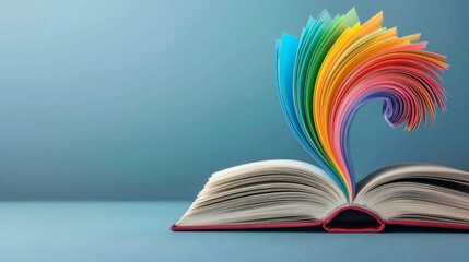 An open book with colorful pages fanning out, symbolizing creativity, knowledge, and imagination.