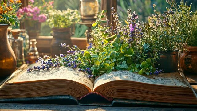 medicinal herbs and book. Selective focus