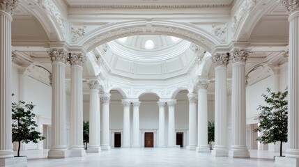 Obraz premium White Columns Hallway, Classic Architecture, Sunlight, Elegant Interior, Background Space