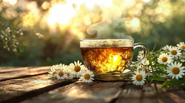 cup of tea and chamomile flowers. Selective focus
