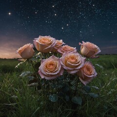 A bouquet of dew-kissed roses under a starlit sky, with stars twinkling above in a field of soft grass.