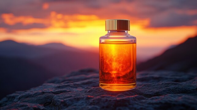 Golden elixir bottle on mountaintop at sunset