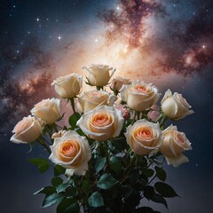 A radiant bouquet of roses surrounded by a glowing starry sky, against a pure white canvas.