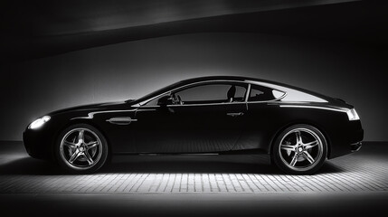Naklejka premium Sleek black coupe under spotlight, showcasing elegant design and powerful stance, perfect fusion of luxury and performance on the road.