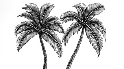 Detailed black and white hand-drawn illustration of two tropical palm trees with textured leaves and trunks