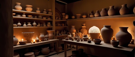 Obraz premium A unique pottery studio filled with pieces awaiting creativity celebrating the beauty of handcrafted artistry