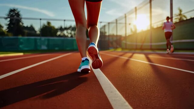 Athlete legs close up at sport stadium. Female runner prepare for jog. Jogger workout. Woman run race track athletic arena. Girl training outdoor racetrack. Sneakers closeup. Active person lifestyle.