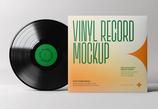 Premium Vinyl Record Mockup Template &ndash; Realistic LP Sleeve, Album Cover & Analog Music Disc Design for Branding & Presentation
