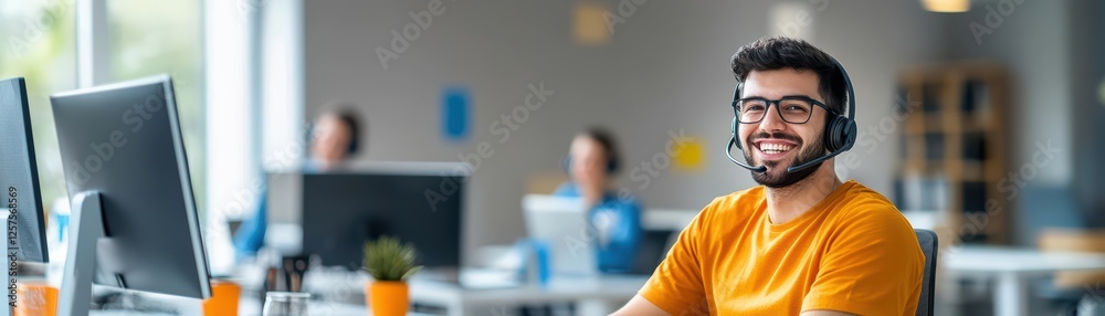 Poster Man wearing headset sitting at desk working on computer in modern office environment