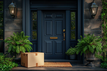 Cardboard package sits on doormat in front of stylish dark-colored door with elegant lanterns and green plants, symbolizing home delivery and online shopping. E-commerce and shipping concept