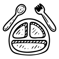 Baby plate with dividers with spoon and fork. Hand drawn doodle. Eat. Special safe plastic or wooden tableware for baby food. Childhood. Vector line art illustration.